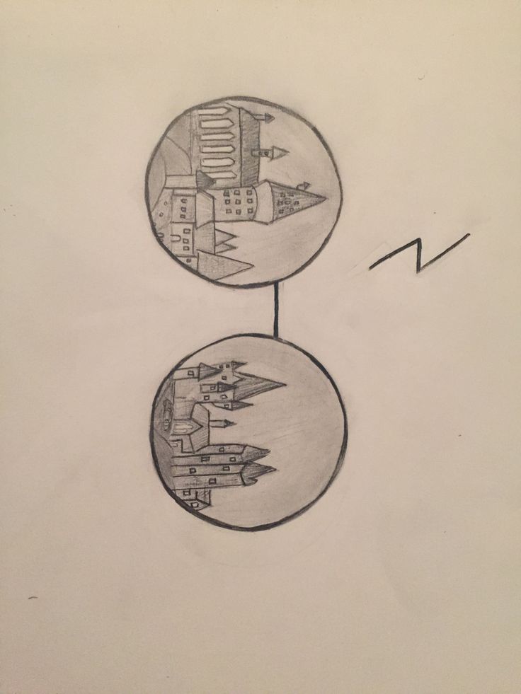 a drawing of two clocks with buildings in the middle and one clock on each side