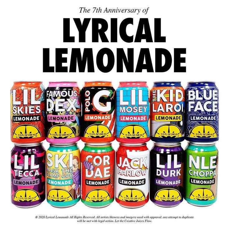 several cans of lemonade are stacked on top of each other with the words,'the 7th anniversary of lyrcal lemonade '