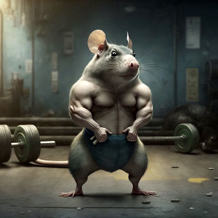 a rat is standing on his hind legs in front of a barbell and looking at the camera