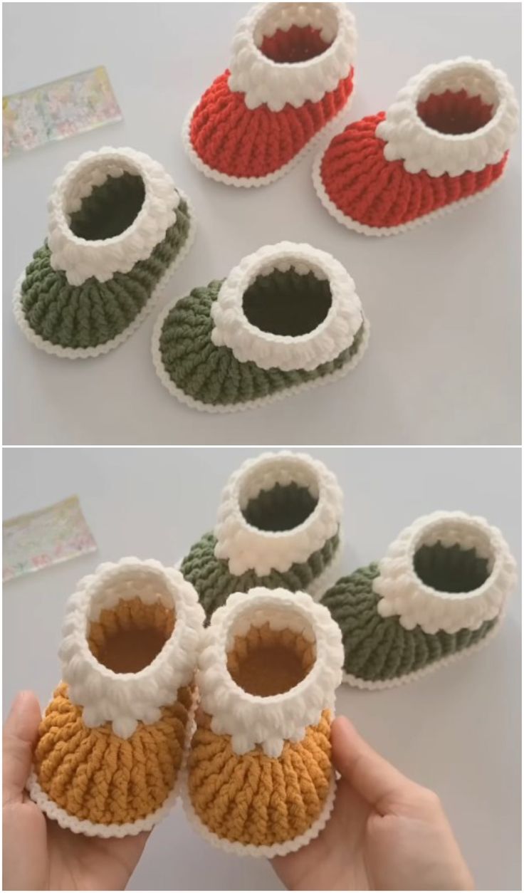 crocheted baby booties are shown in three different colors