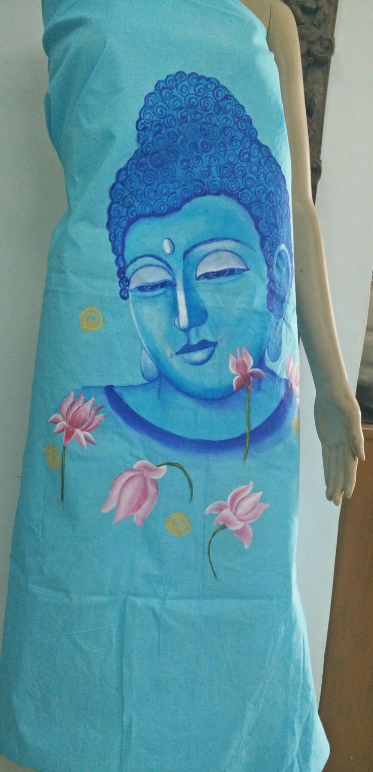 a blue buddha sleeping bag with pink flowers on it