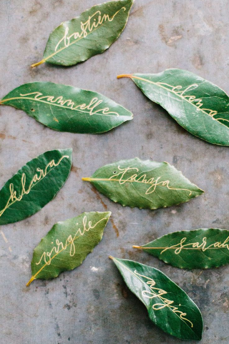 green leaves with gold writing on them are arranged in a circle to spell out the names of people