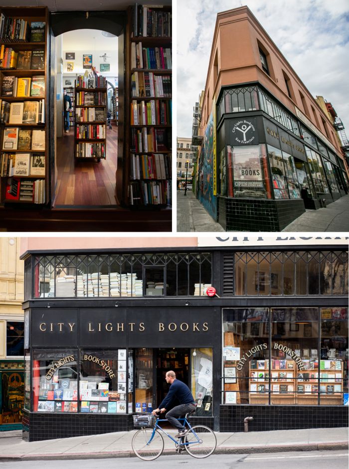 the city lights bookstore is located in an old building and has many books on it