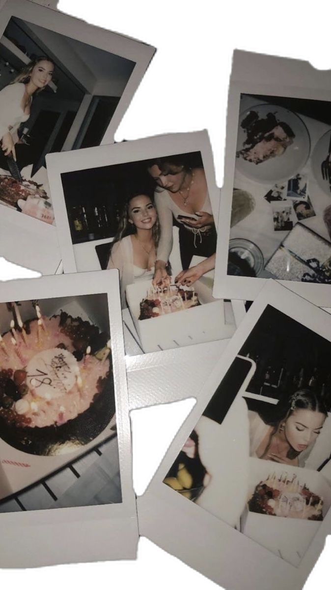 several polaroid photos of people cutting into a cake with candles on it and one has a candle in the middle