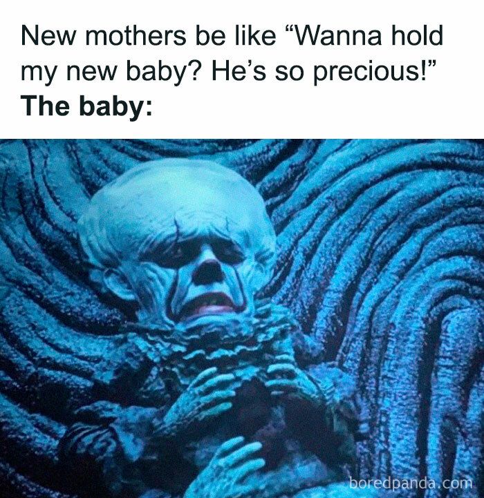 an image of a creepy looking baby in the dark with text that reads, new mothers be like wanna hold my new baby? he's so precious