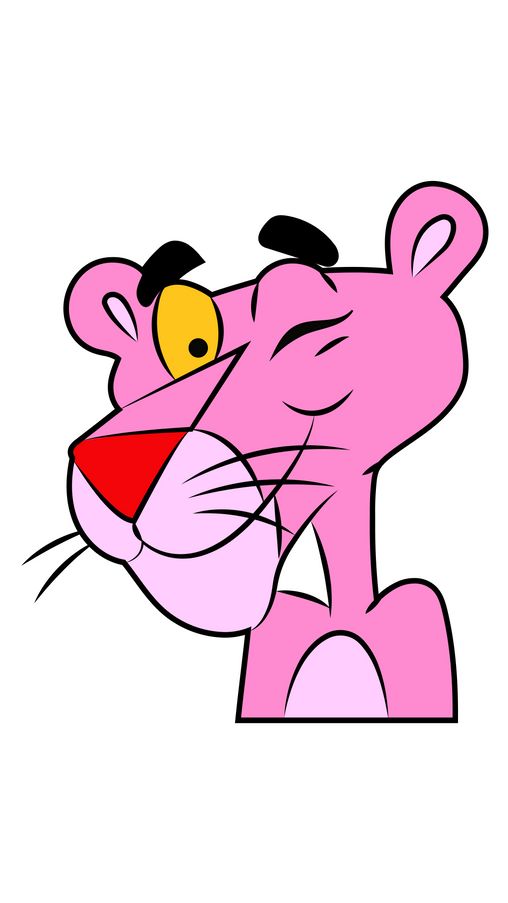 the pink panther cartoon character with yellow eyes and black ears, looking to his left