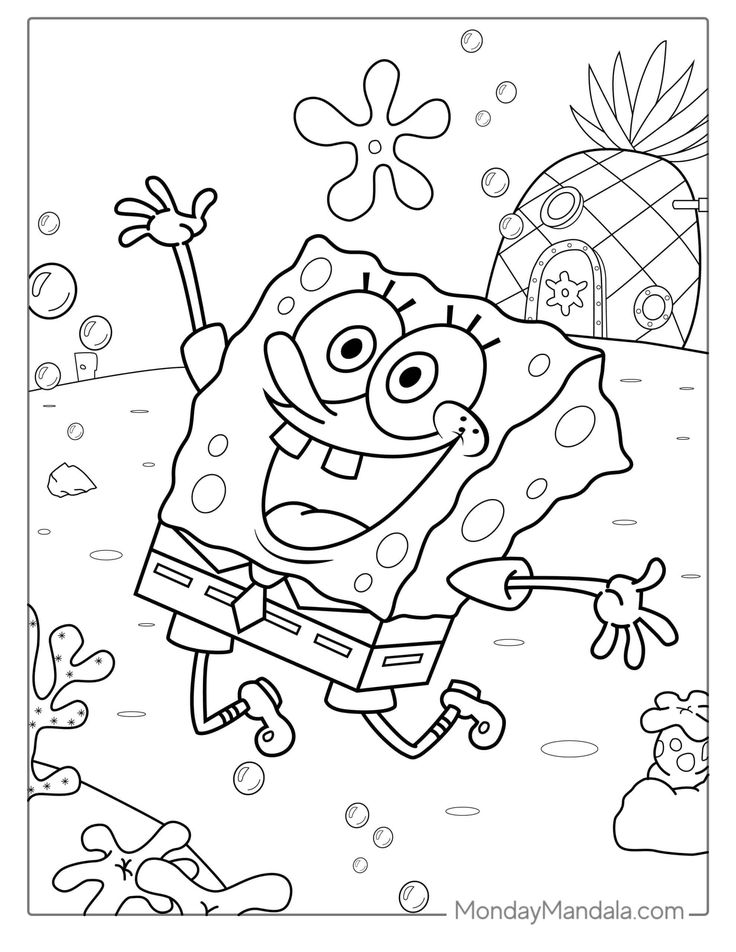 spongebob jumping in the air with bubbles on his feet coloring pages for kids
