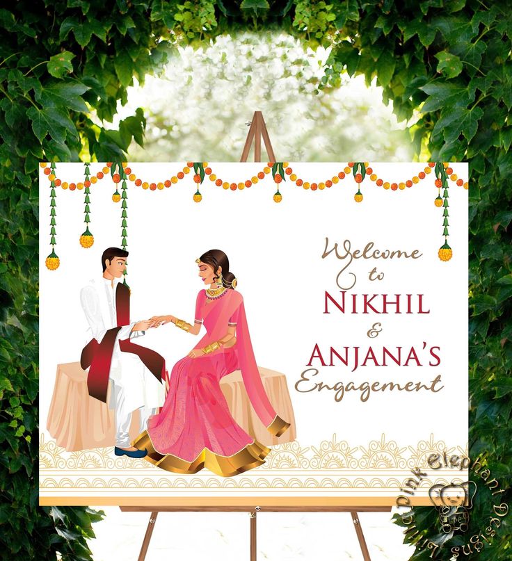 a couple sitting on a bench in front of a sign that says welcome to nikhil and anisha's engagement