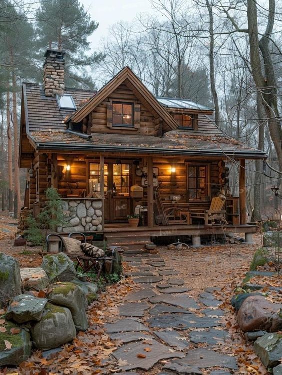 a small log cabin in the woods surrounded by rocks and trees, with lights on