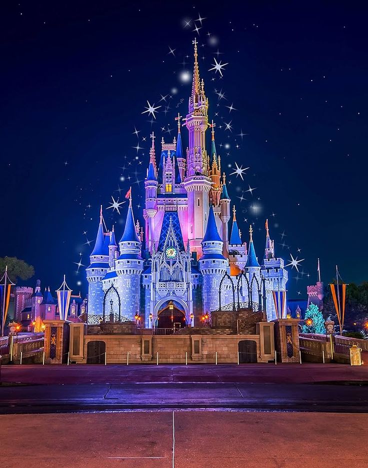 a castle lit up at night with stars in the sky