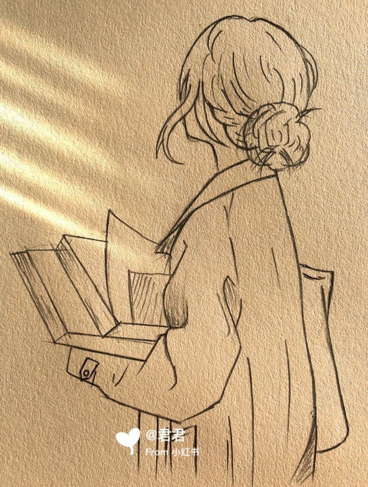 a drawing of a girl holding a box in her hand and looking down at the ground