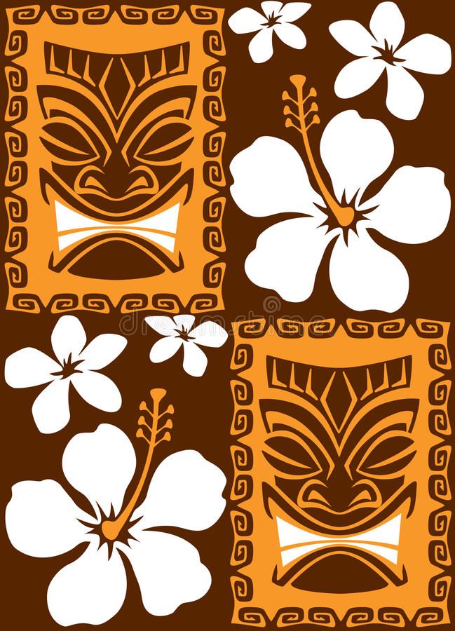 hawaiian flower and tiki mask design in brown, white and orange colors on an isolated background