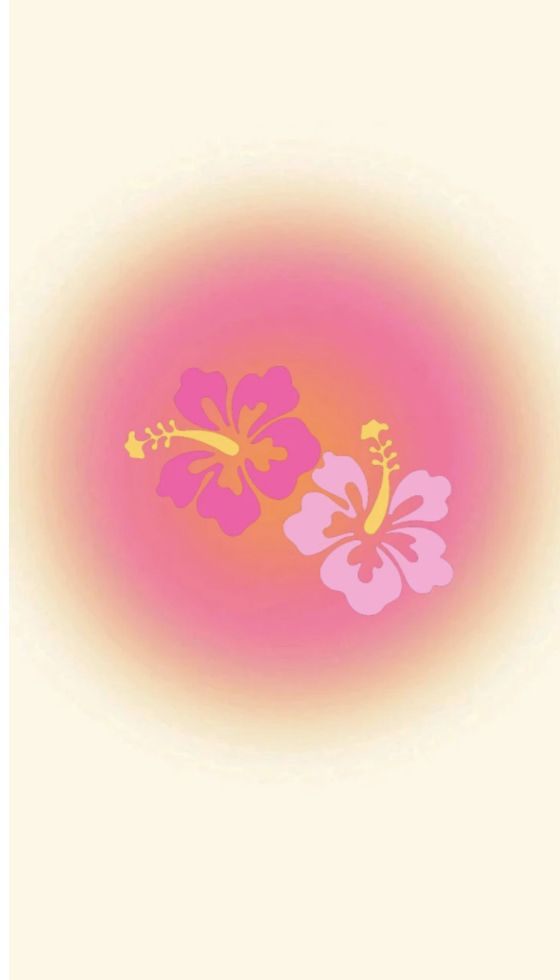 two pink and yellow flowers are in the center of an orange circle with white background