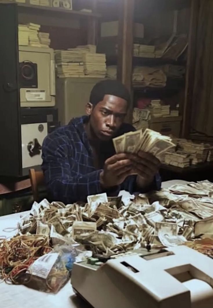 a man sitting at a table with stacks of money