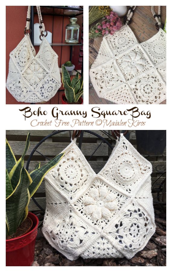 the crochet granny square bag is shown in three different pictures