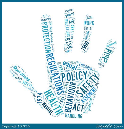 a hand that is made up of words in blue and white, with the word policy written