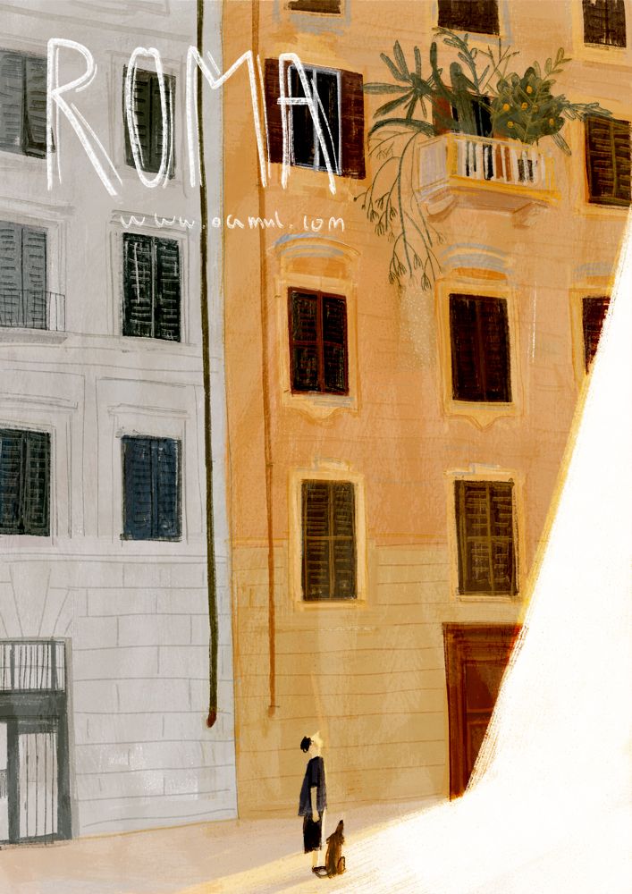 a painting of two people standing in front of a building with the word roma on it