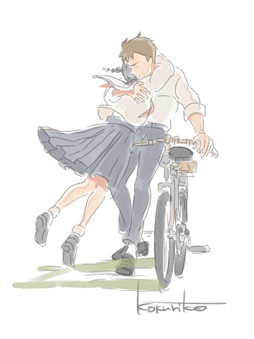 a man riding on the back of a bike next to a woman in a dress