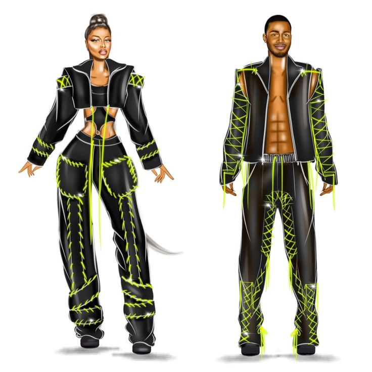 a man and woman dressed in black and neon green clothing