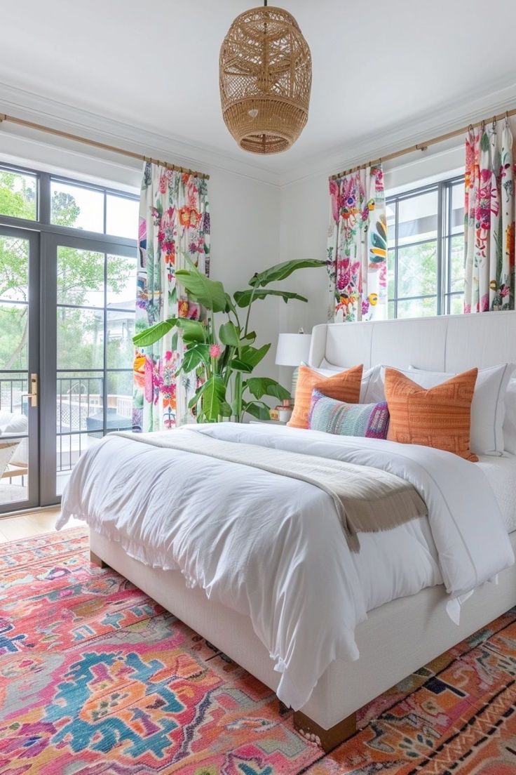 a large bed sitting in a bedroom next to a window filled with curtains and pillows