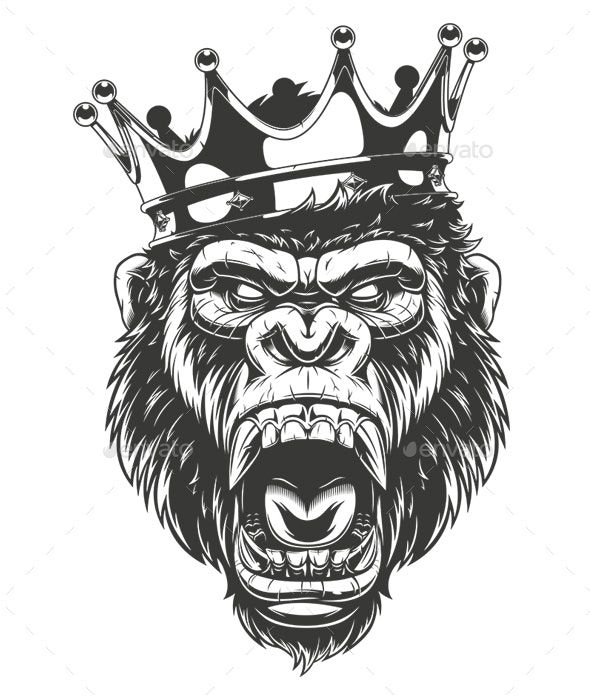 an angry gorilla with a crown on his head