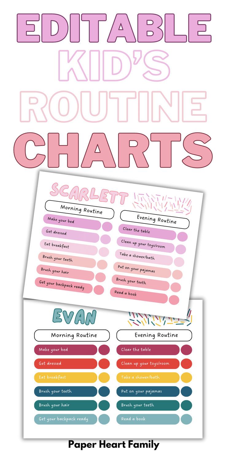 the printable editable kids's routine chart is shown in pink and blue