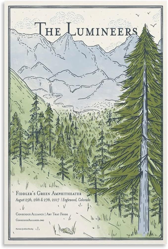 the lummers poster with trees and mountains in the background on a white paper
