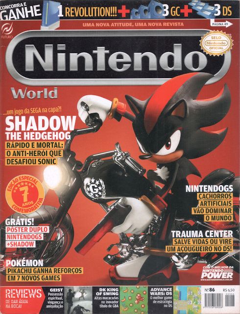 the front cover of nintendo world magazine, with an image of shadow riding a motorcycle