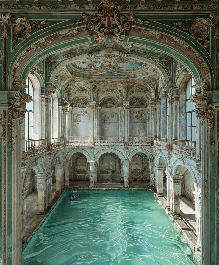 an indoor swimming pool in the middle of a building with ornate carvings on the walls and ceiling