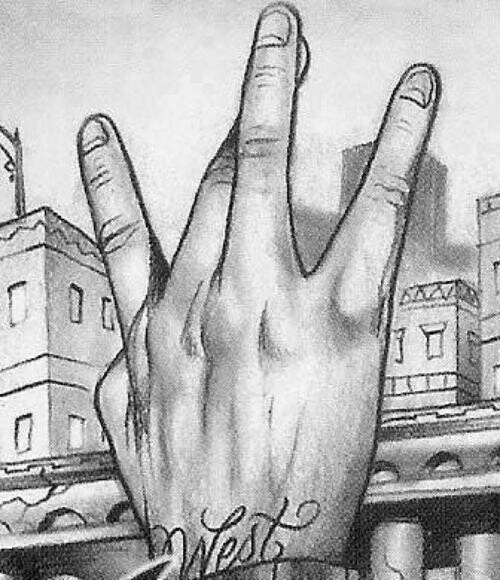 a drawing of a hand with the words new york written on it in front of a cityscape