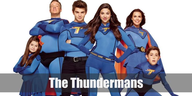 the thunderman's family is posing for a photo in their blue costume outfits