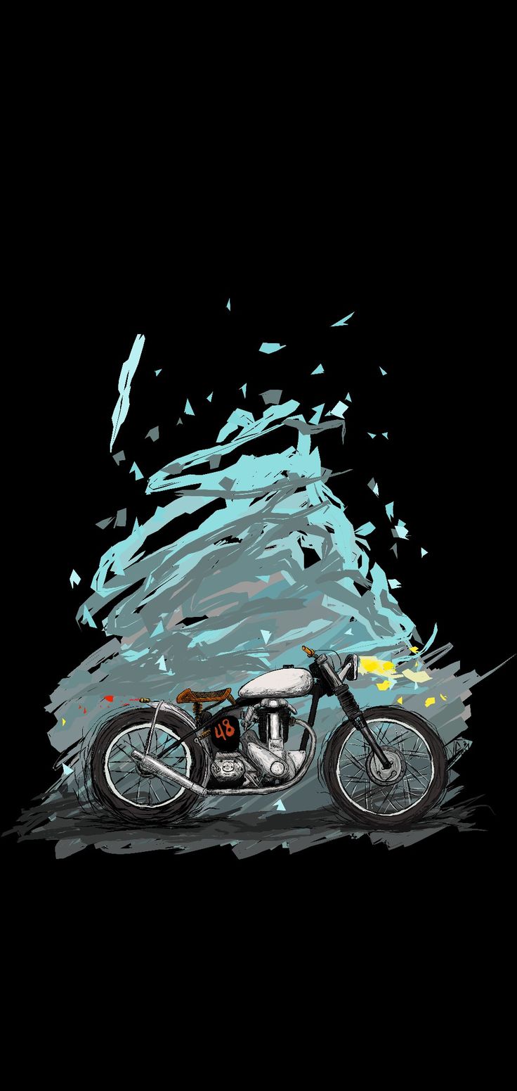 a painting of a motorcycle in front of a black background with blue and yellow paint splatters