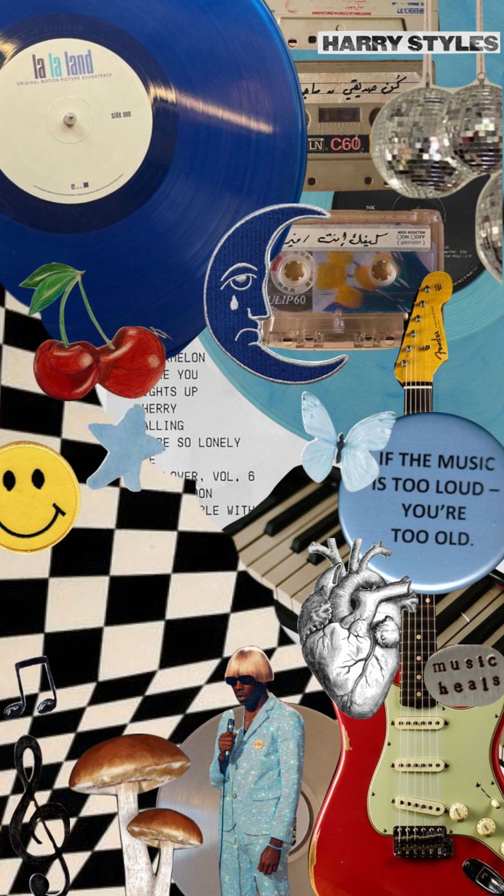a collage of music related items including an electric guitar
