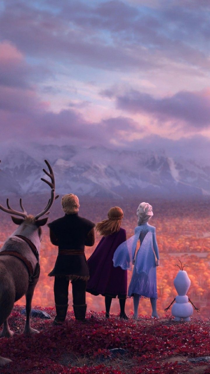 the frozen princess and her friends are looking out at the snowman in front of them