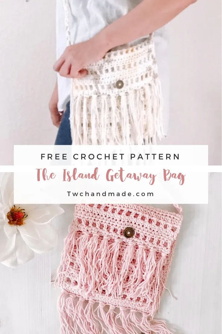 a crocheted purse with the text free crochet pattern for the island getaway bag