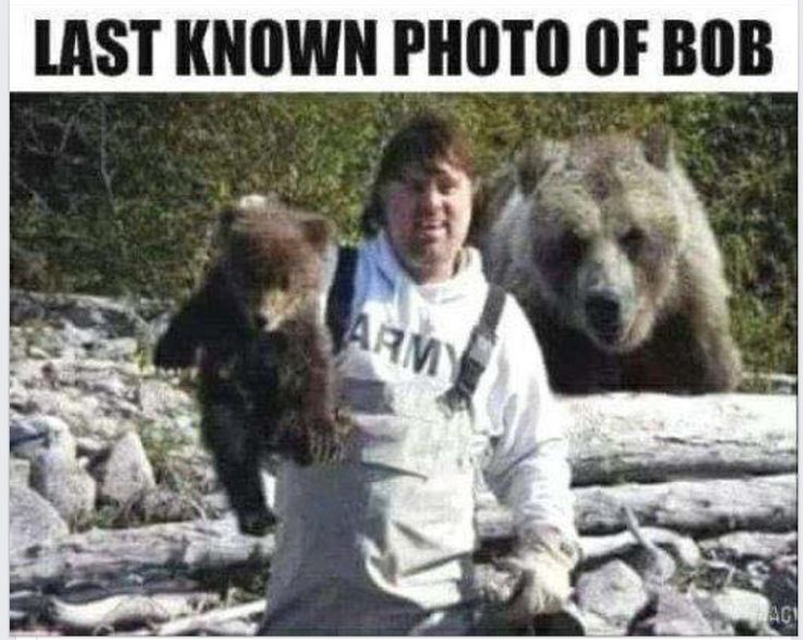 a man standing next to two bears with caption that says, take a hey why you running?