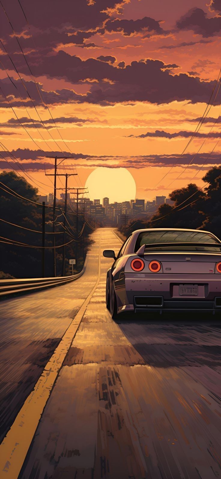 a painting of a car driving down the road in front of an orange and pink sunset