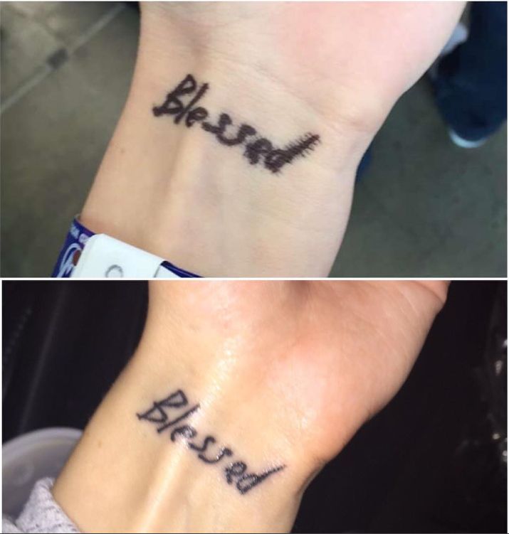 two different tattoos on one wrist and the other with words written on it, both in black ink