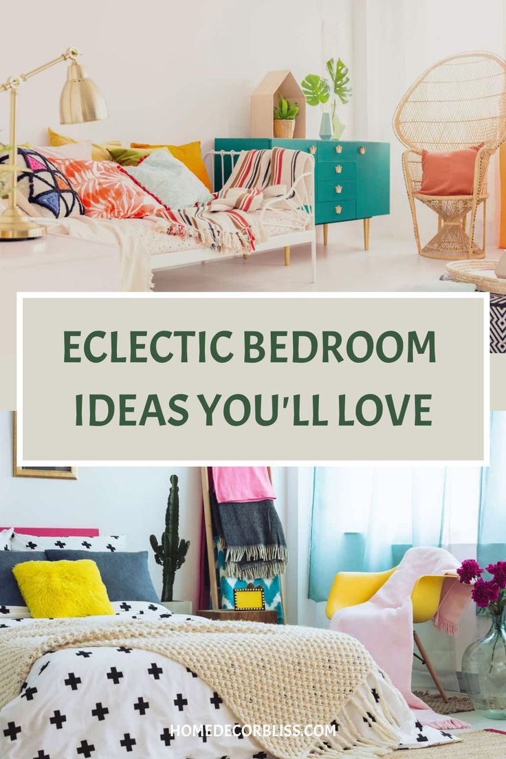 an eclectic bedroom with lots of colorful furniture and decor on the walls, including a bed