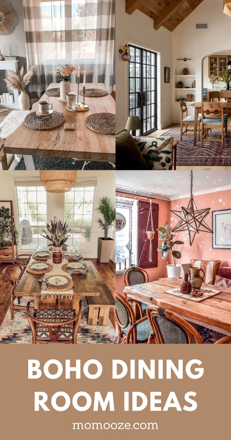 the inside of a house that has been decorated in boho dining room ideas