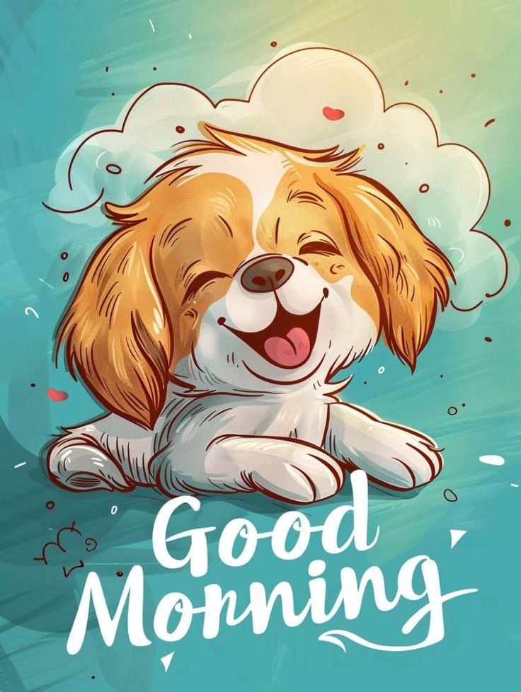 a dog is laying down with its eyes closed and the words good morning above it