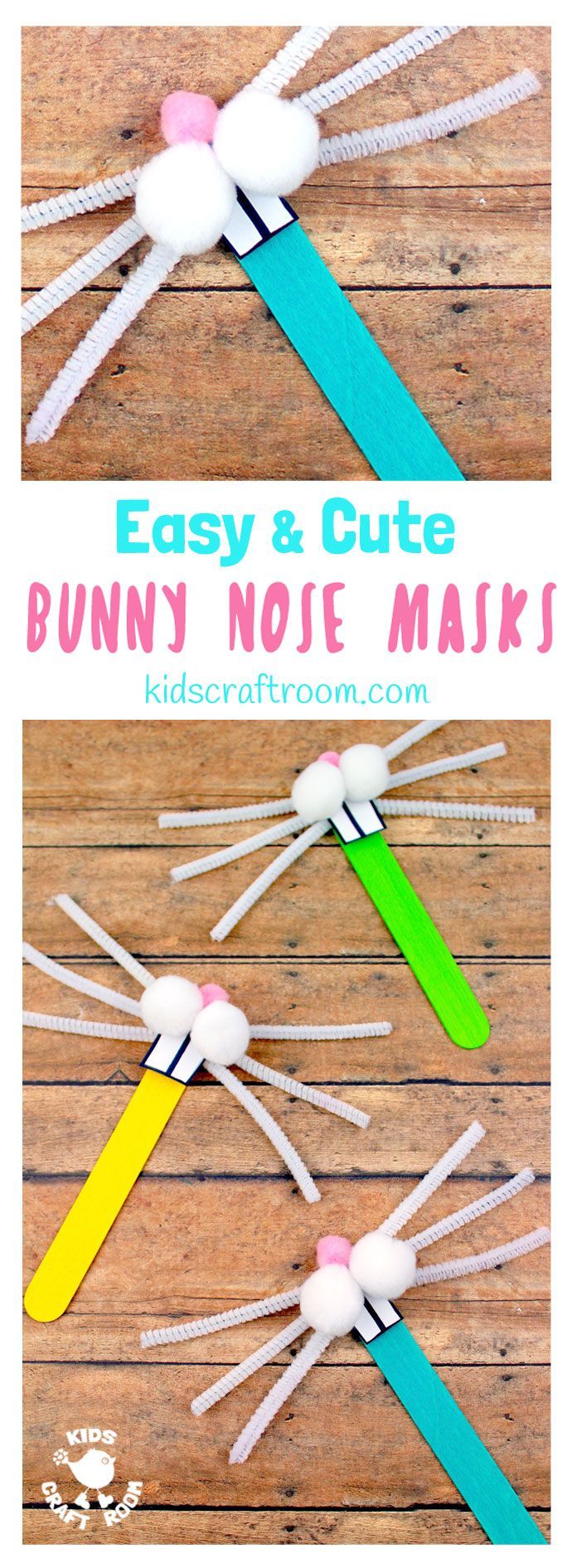 an easy and cute bunny nose mask made out of popsicle sticks with the words, easy