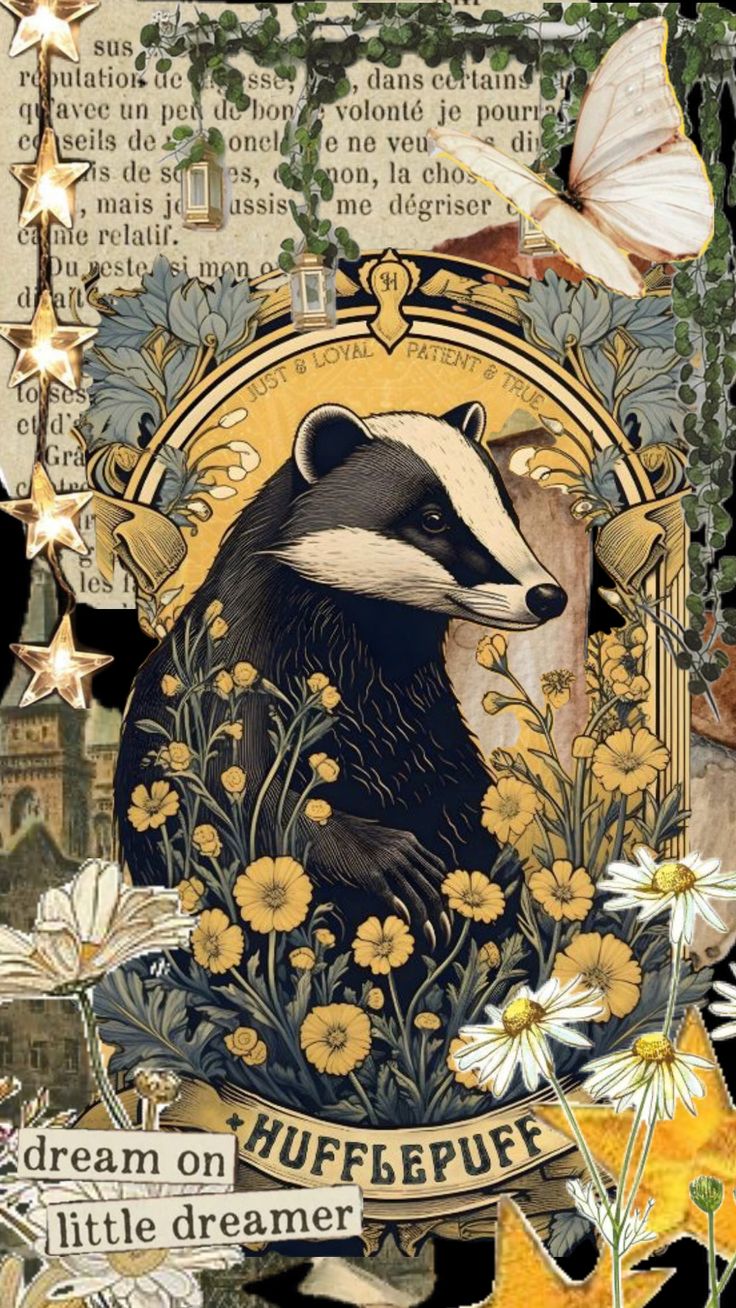 a badger surrounded by flowers and butterflies with the words dream on it's side
