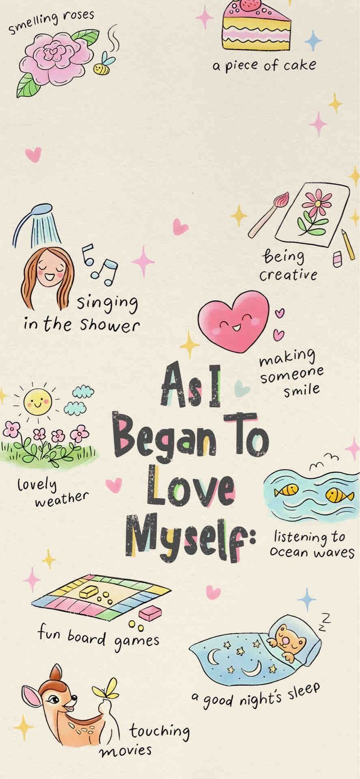 an image of a poster with words and pictures on the back of it that says, as i begin to love myself