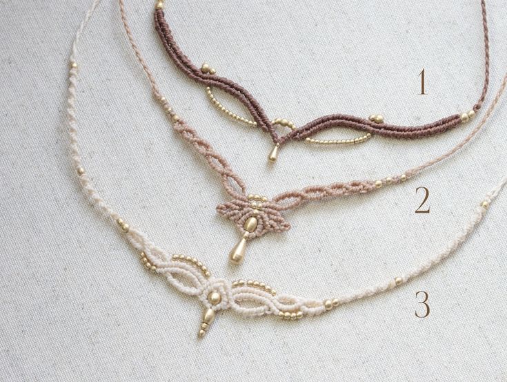 three different types of beaded necklaces on a white surface with numbers 1, 2, and 3