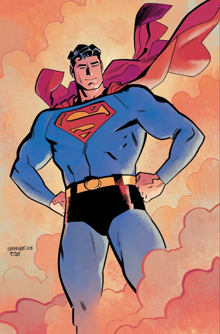 superman standing with his hands on his hips in front of clouds and the sun behind him