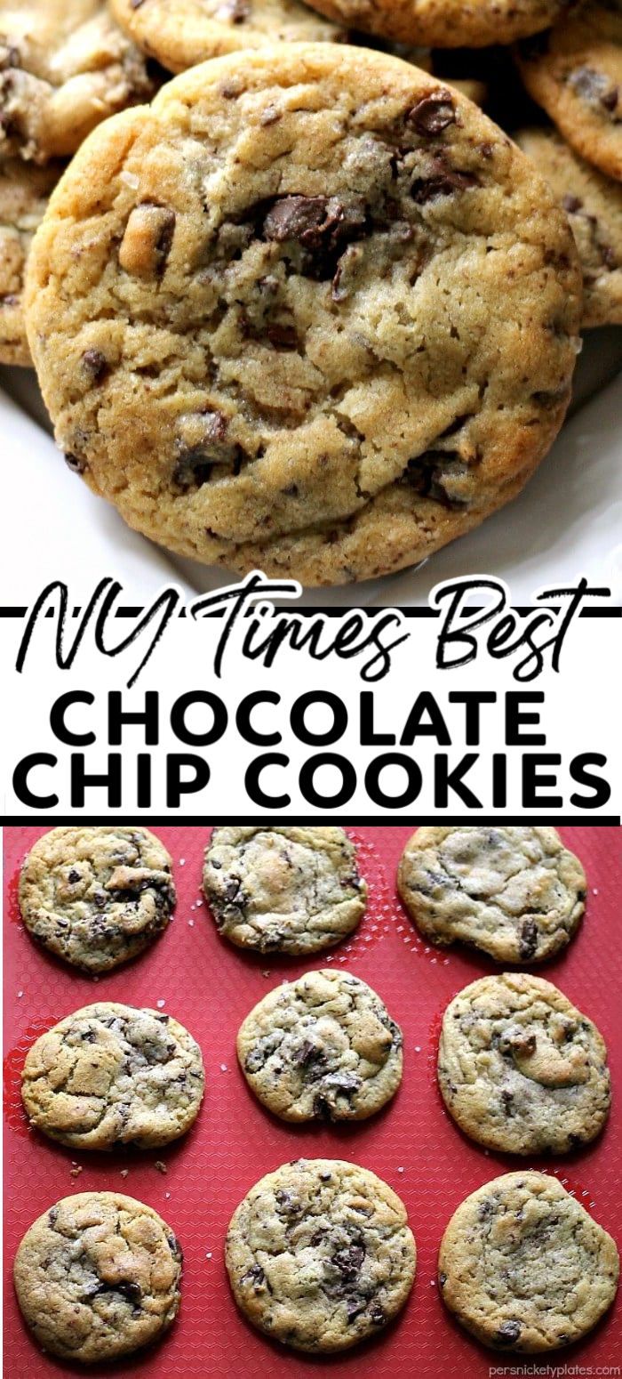 chocolate chip cookies with text overlay that says, my times best chocolate chip cookies