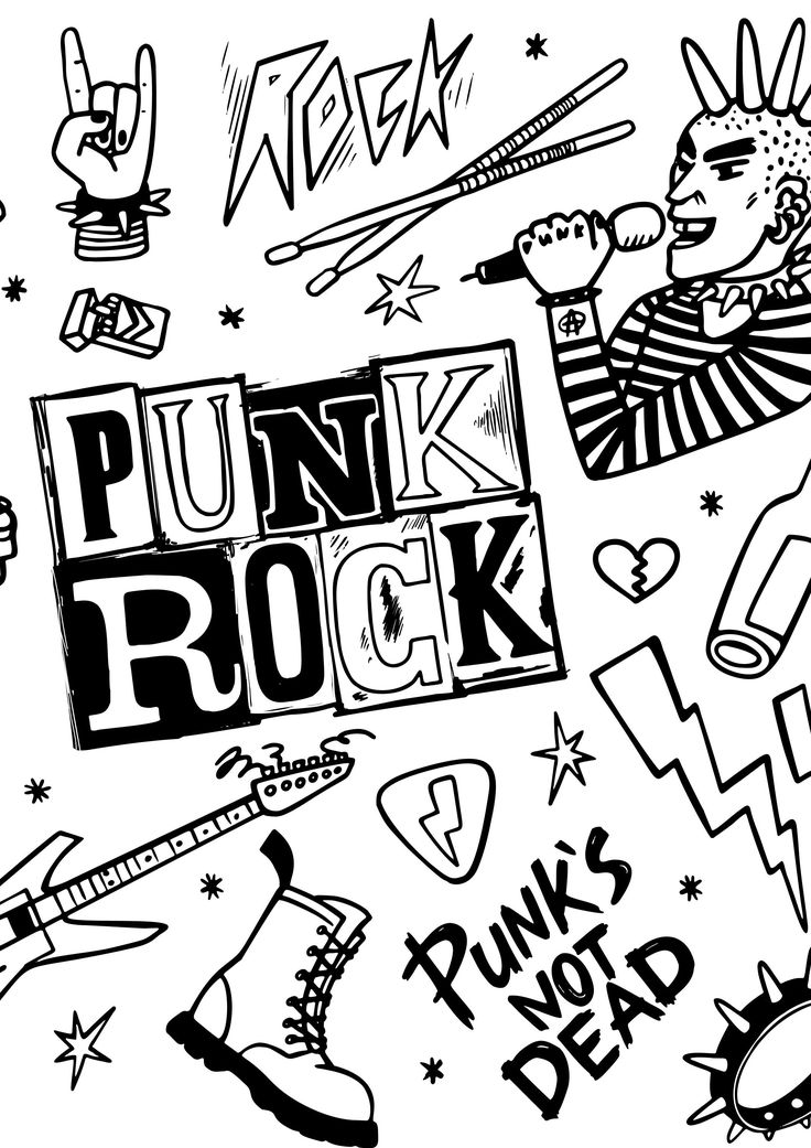 the punk rock logo is drawn in black and white, with various symbols around it