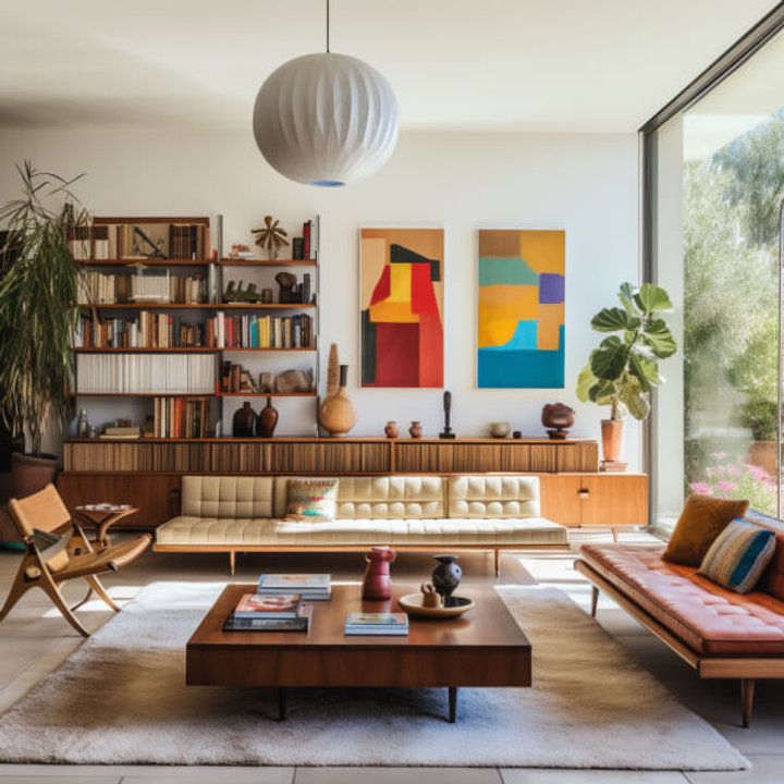 a living room filled with lots of furniture and bookshelves next to a window