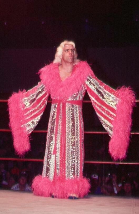a man dressed in pink and gold standing on top of a wrestling ring